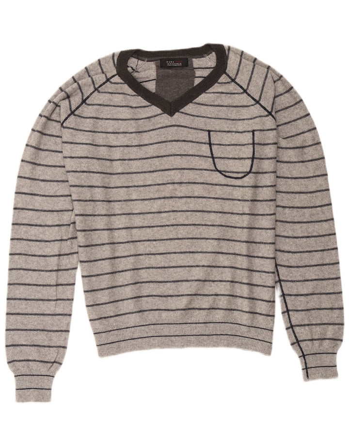 Zara Pull Col V Homme Gris Moyen Rayé