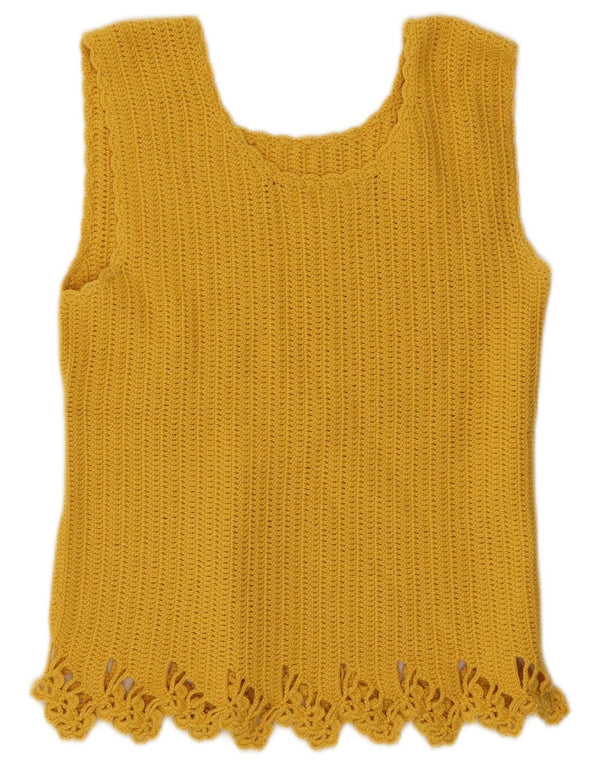 vintage Femmes Crochet Gilet Top UK 10 Petit Jaune