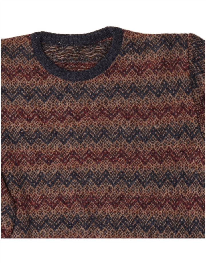 VINTAGE Pull col rond homme marron moyen Chevron acrylique