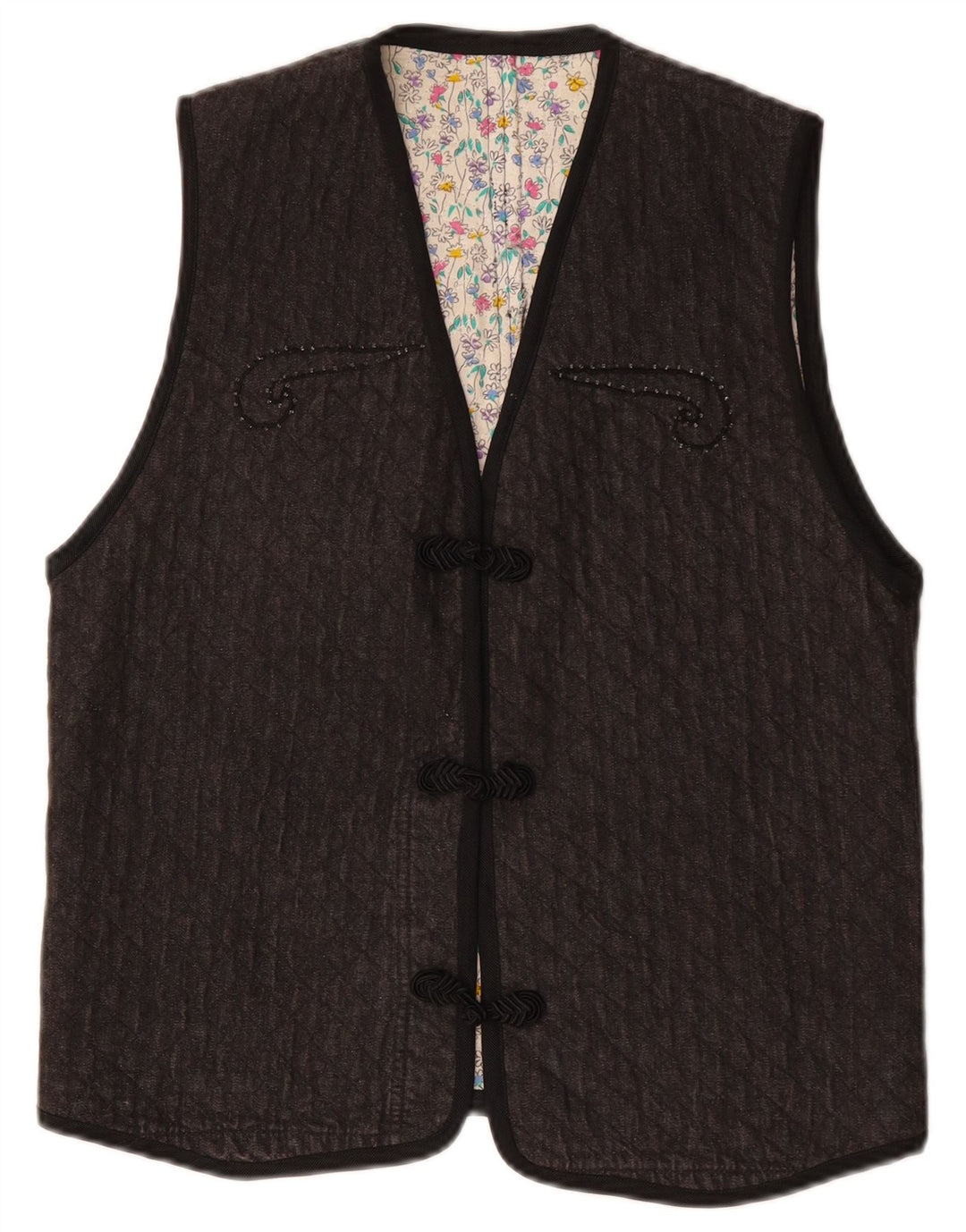 vintage Femme Gilet UK 12 Moyen Gris Paisley