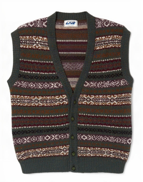 vintage Mens Cardigan sans manches Pull XL Vert Fair Isle