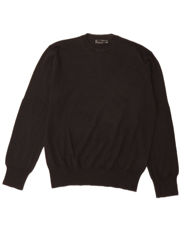 Zara Mens Crew Neck Jumper Sweater XL Black Wool