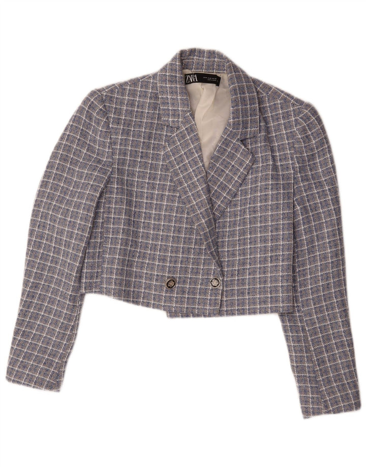 Zara Veste blazer courte à double boutonnage pour femme UK 14 Bleu moyen à carreaux