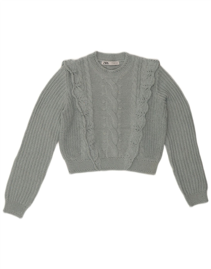 ZARA Pull court à col rond pour femme UK 14 Bleu moyen