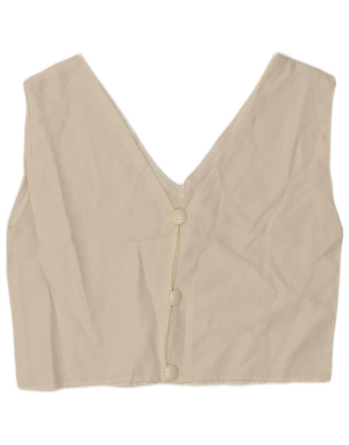 VINTAGE Femmes Crop Chemise sans manches Blouse UK 12 Blanc Moyen