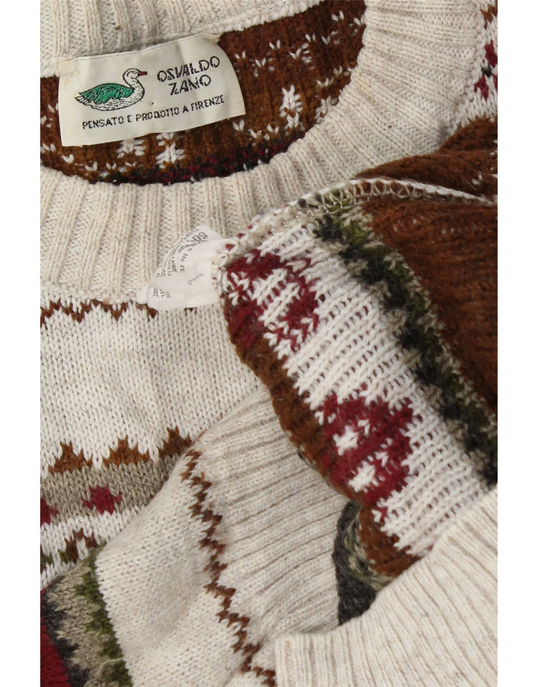 vintage Mens Crew Neck Jumper Pull Grande laine géométrique blanc cassé