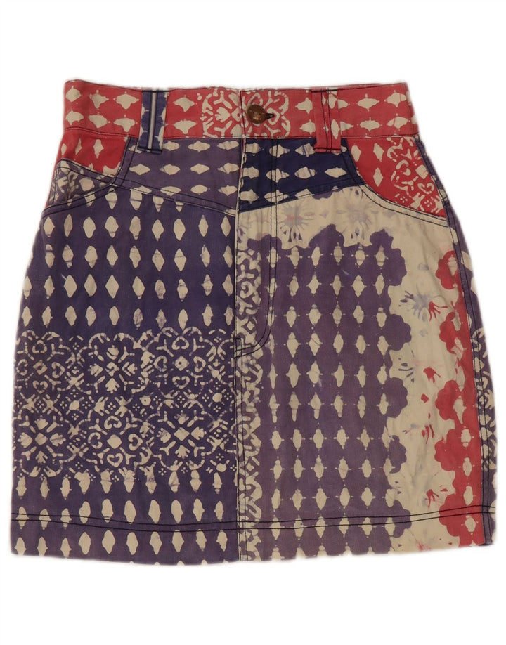 vintage Femmes Motif Abstrait Denim Crayon Jupe Grand W28 Bleu Coton