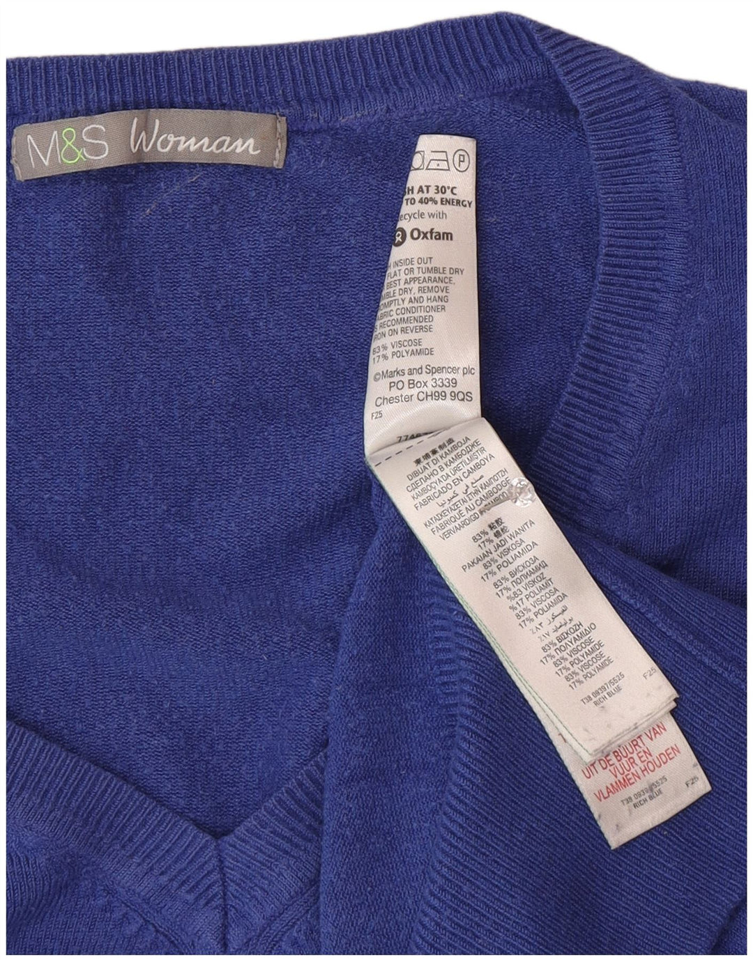 Marks & Spencer Pull col en V pour femme UK 16 Large Bleu Polyamide