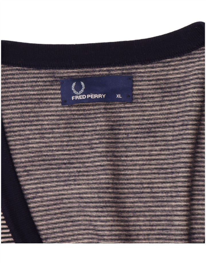 FRED PERRY Pull Cardigan Homme XL Bleu Marine à Fines Rayures Laine Mérinos