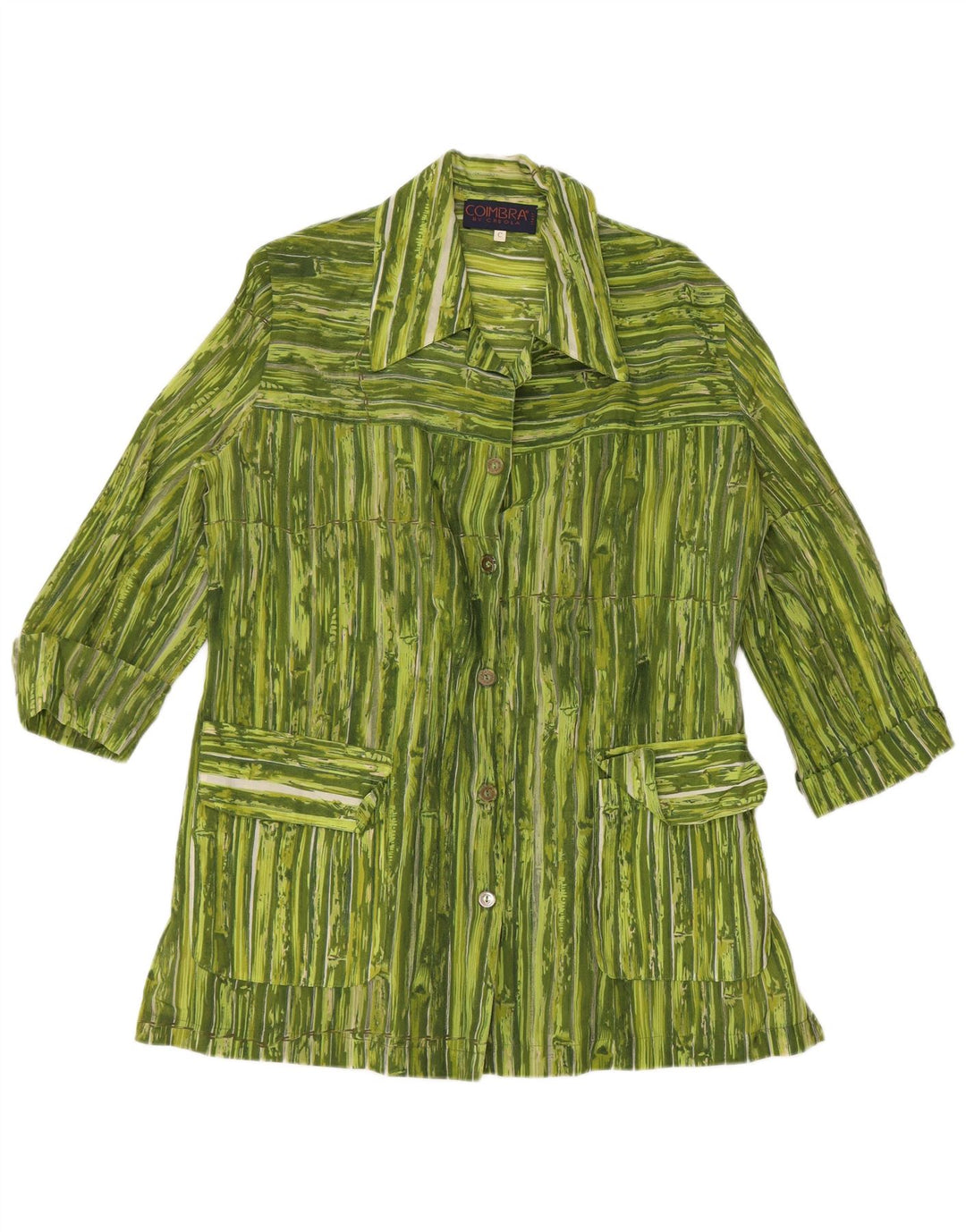 VINTAGE Femme 3/4 Manches Chemise Blouse UK 14 Viscose Rayée Vert Moyen