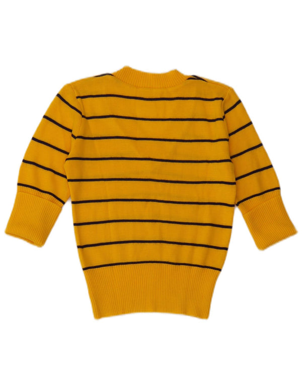 vintage Womens Crop 1/2 Manches V-Col Jumper Pull UK 4 XS Jaune Rayé