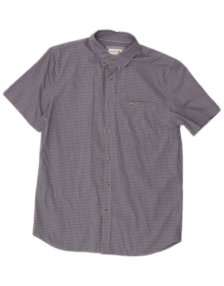 Lacoste Chemise à manches courtes pour hommes Taille 40 Coton à carreaux bleu marine moyen