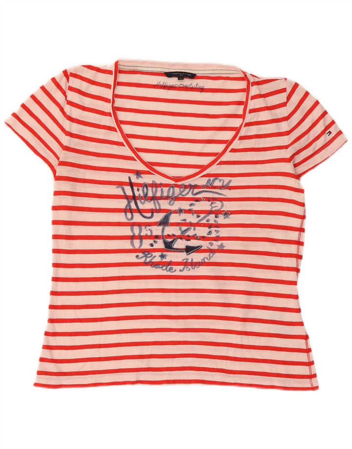 TOMMY HILFIGER T-shirt court graphique pour femme UK 14 Grand rayé rouge