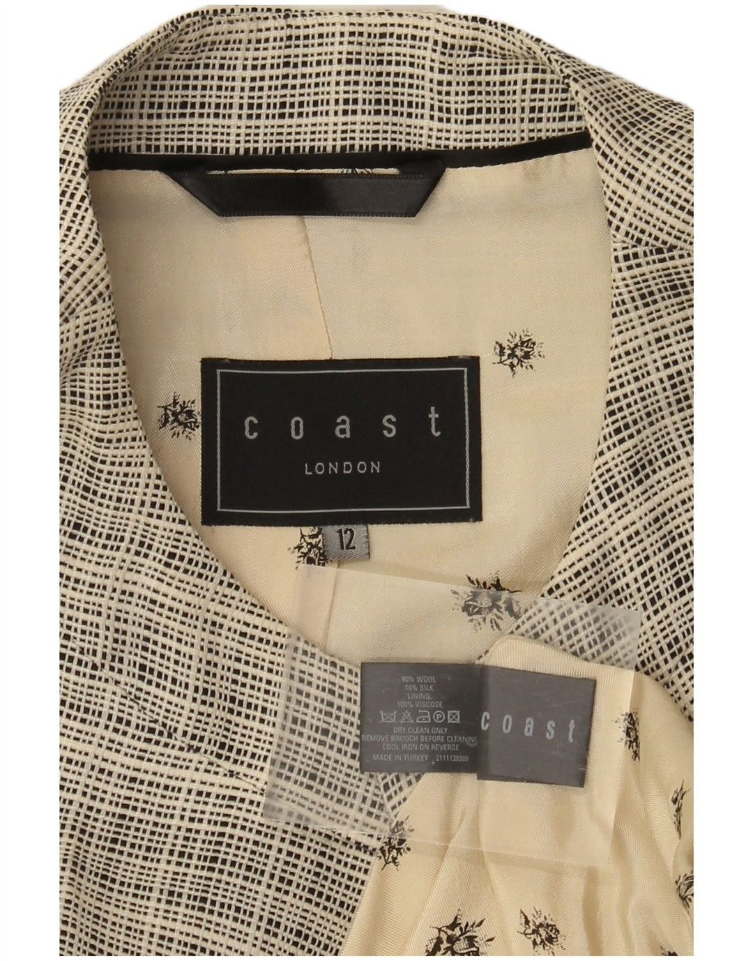 COAST Veste Boléro à Manches 3/4 pour Femme UK 12 Laine à Carreaux Beige Moyen