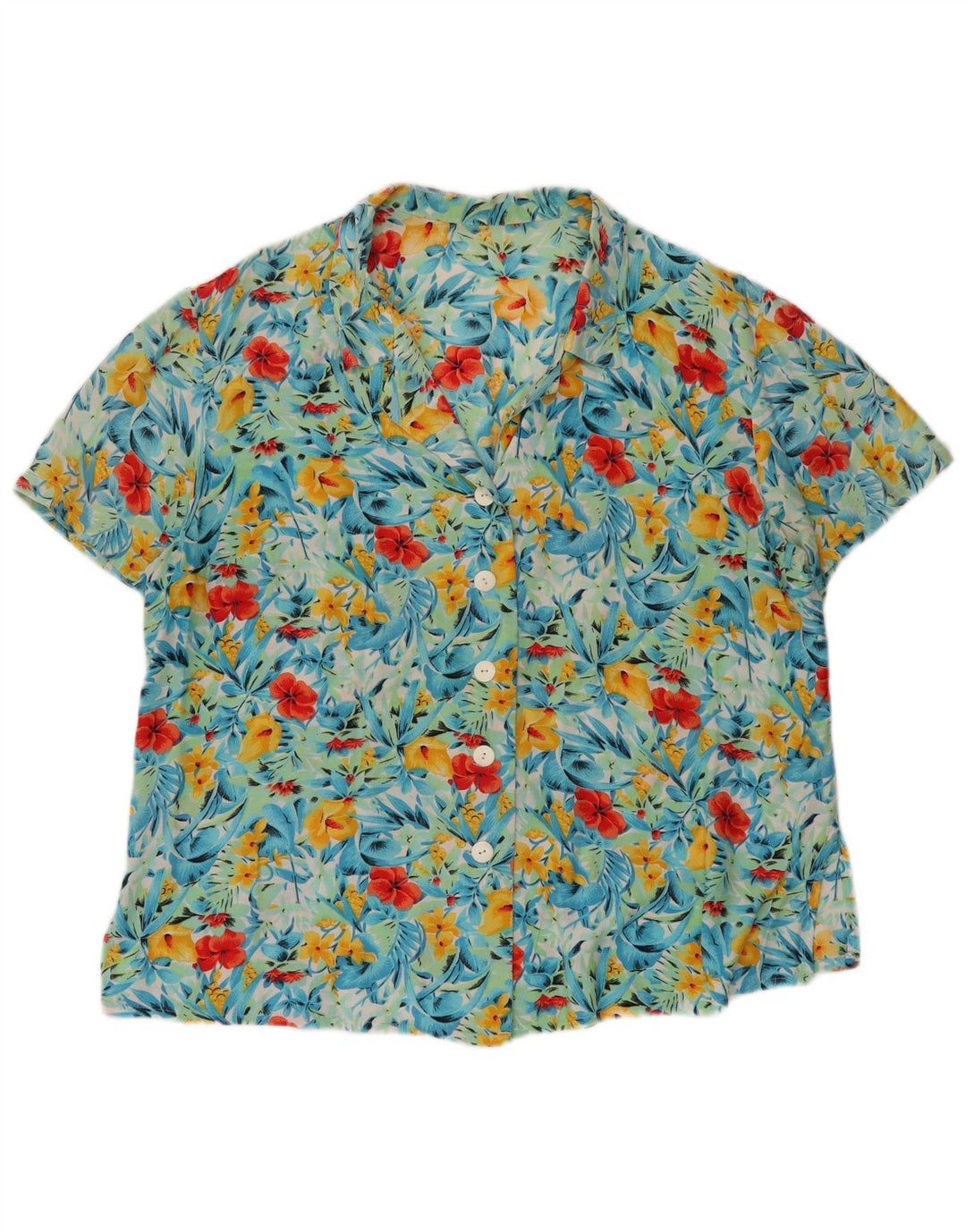 VINTAGE Chemise à manches courtes femme UK 20 2XL Turquoise Floral