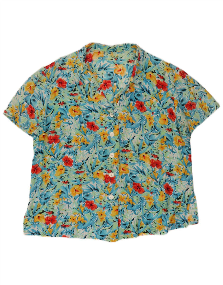 VINTAGE Chemise à manches courtes femme UK 20 2XL Turquoise Floral