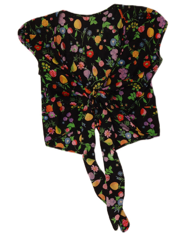 vintage Femmes Crop Wrap Cardigan Top UK 14 Moyen Noir Floral