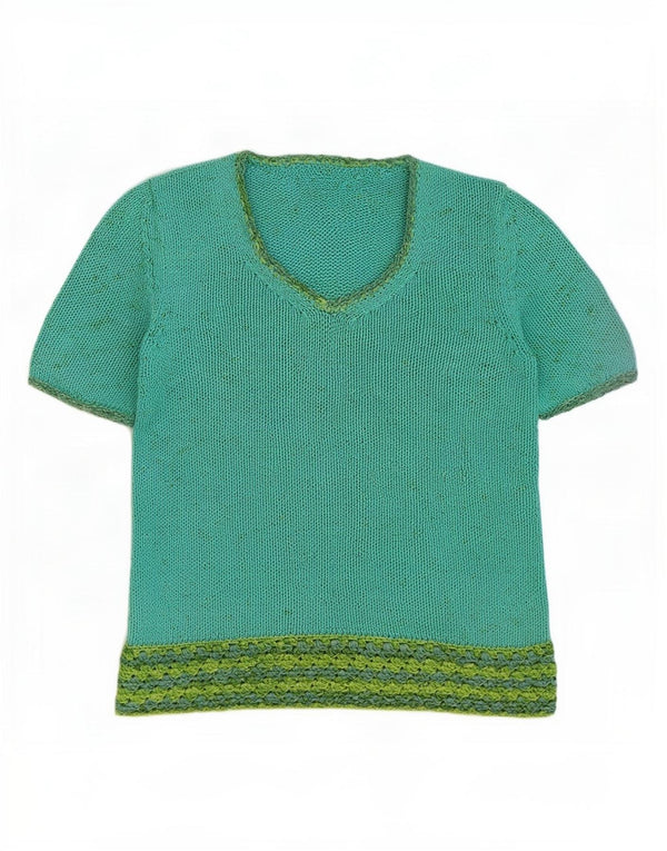 vintage Femme Col V Jumper Pull UK 14 Medium Green Colourblock