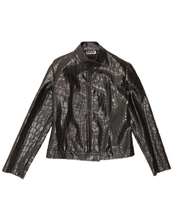 vintage Femmes Faux Cuir Bomber Jacket UK 10 Petit Imprimé Animal Noir