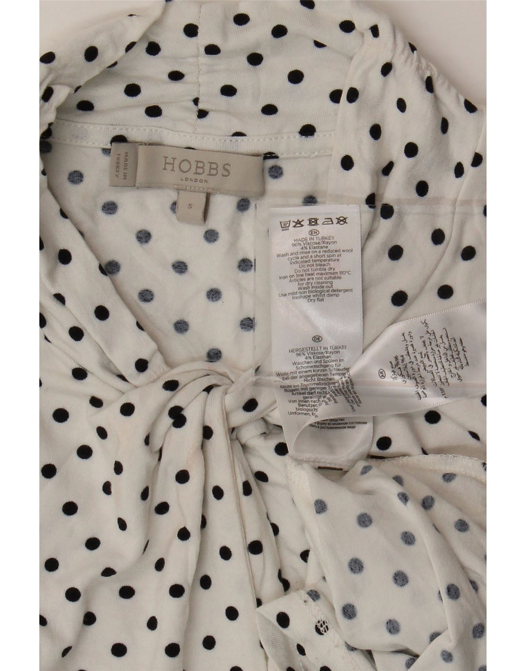 HOBBS Chemisier à manches 3/4 pour femme avec nœud sur le devant, taille 36, petit pois blanc