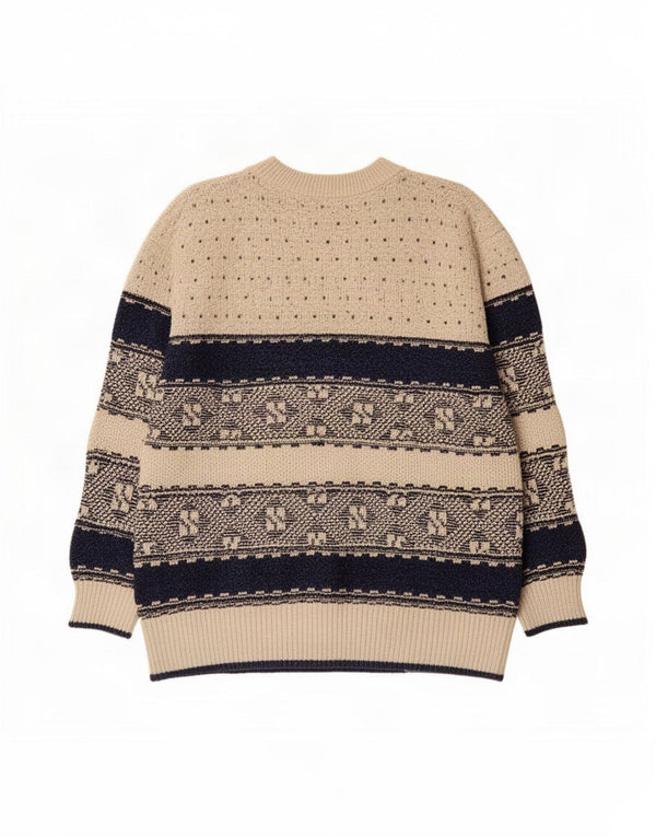 vintage Mens Crew Neck Jumper Pull Grand Beige Géométrique