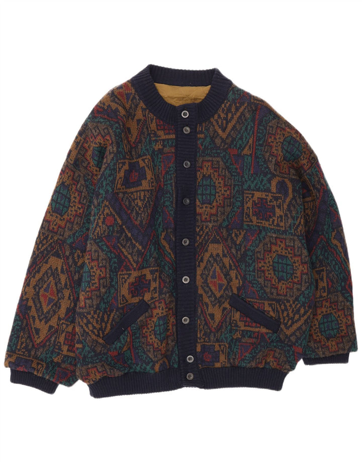vintage Mens Knit Bomber Jacket IT 54 2XL Laine géométrique multicolore