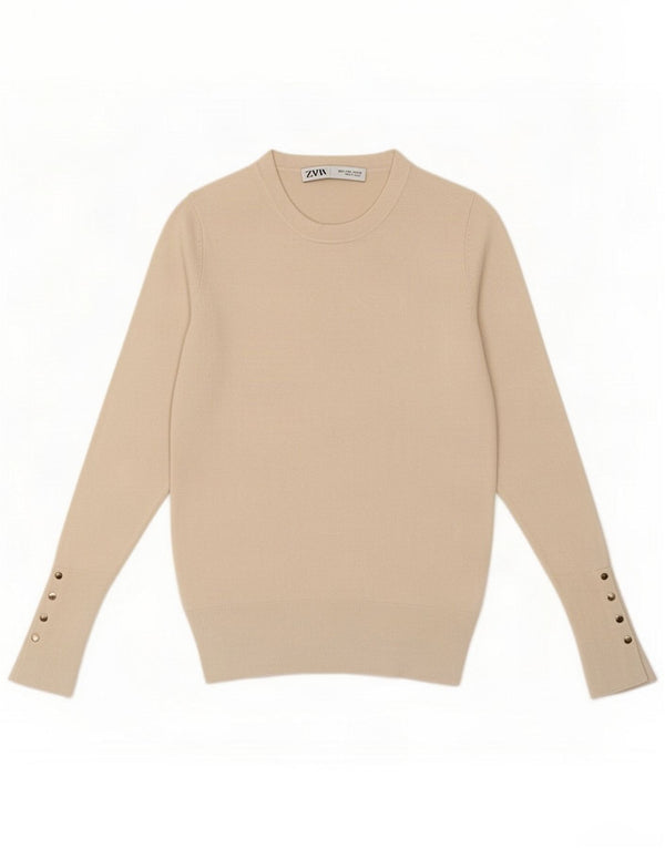 Zara Pull à col rond pour femme UK 10 Small Beige Viscose