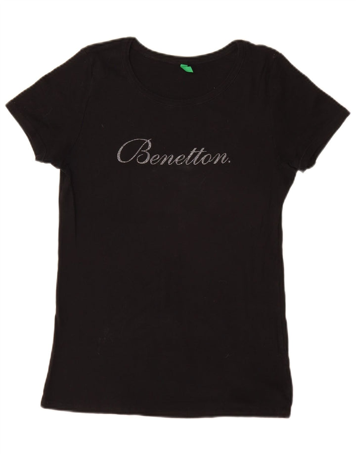 BENETTON T-shirt graphique pour femme UK 16 Small Noir