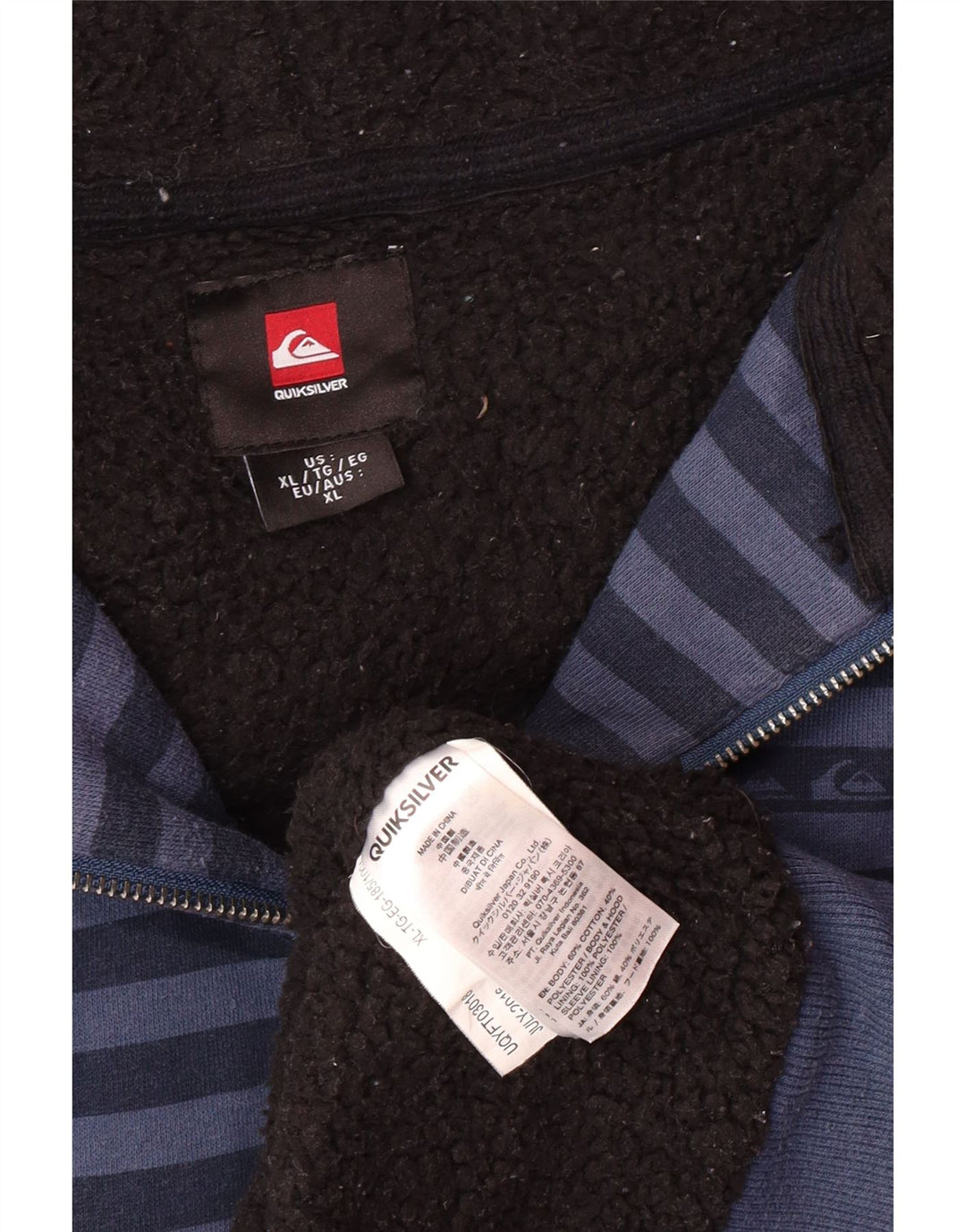 QUIKSILVER Pull à capuche zippé Sherpa pour homme XL en coton rayé bleu