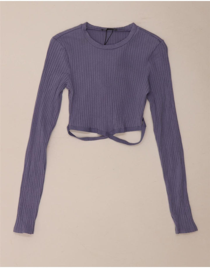 Zara Womens Crop Top Manches Longues UK 10 Petit Bleu Coton