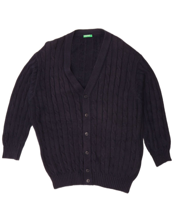 Benetton Homme Cardigan Pull Large Bleu Marine Coton