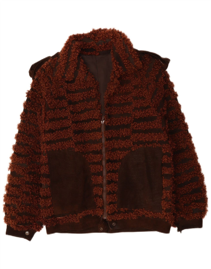 VINTAGE Veste Bomber Femme UK 16 Grand Marron Rayé