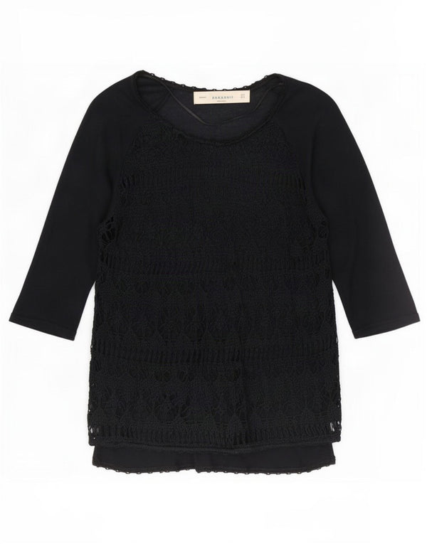 Zara Womens See Through Top Manches 3/4 UK 12 Moyen Noir
