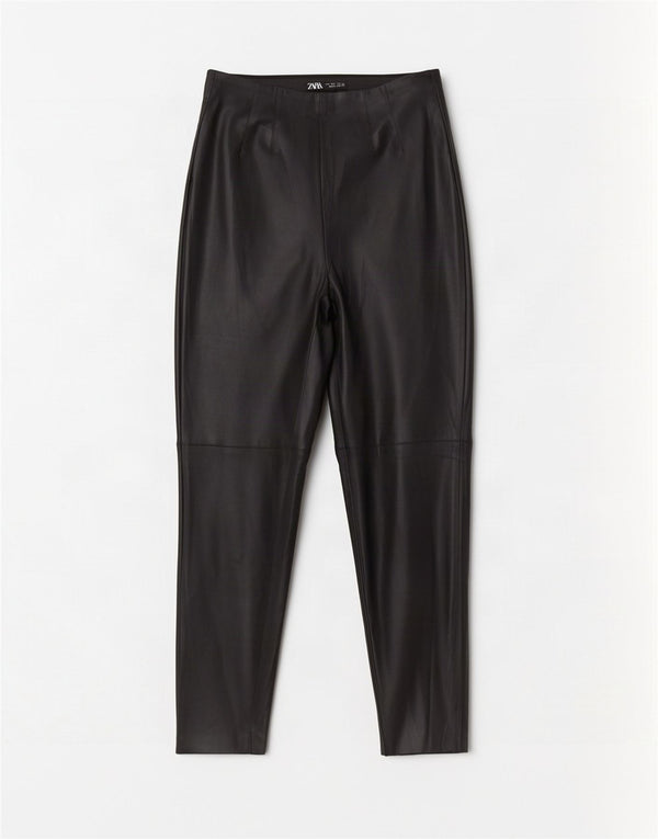 Zara Womens Slim Faux Leather Trousers Large W30 L27 Black Polyurethane