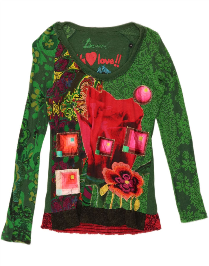 Desigual Femme Graphic Top Manches Longues UK 14 Vert Moyen Coton