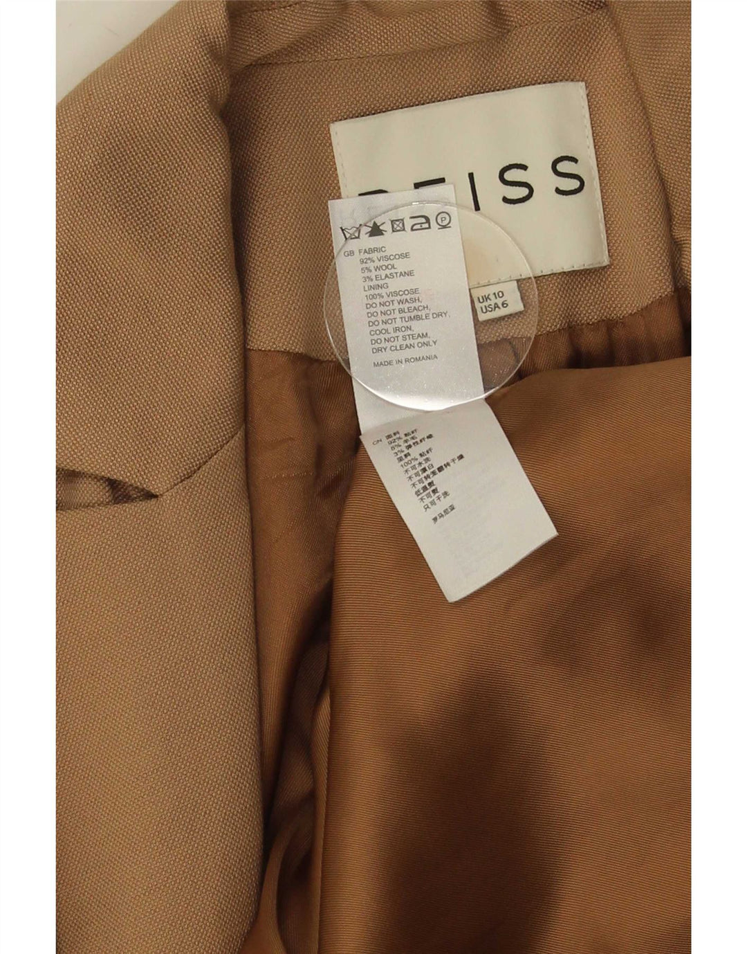 Reiss Veste Blazer 1 Bouton Femme UK 10 Petite Viscose Beige