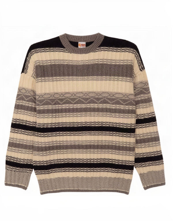 vintage Mens Crew Neck Jumper Pull Grand Gris Rayé