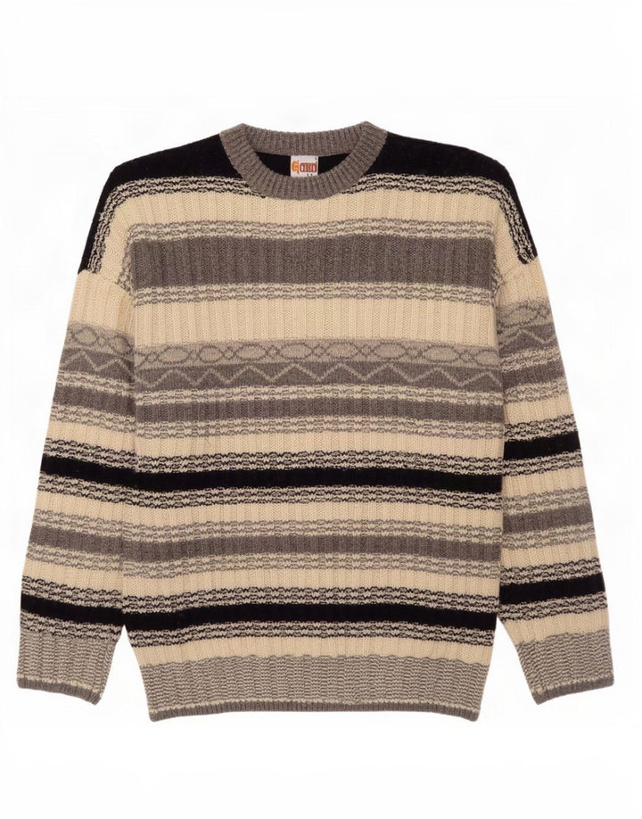 vintage Mens Crew Neck Jumper Pull Grand Gris Rayé
