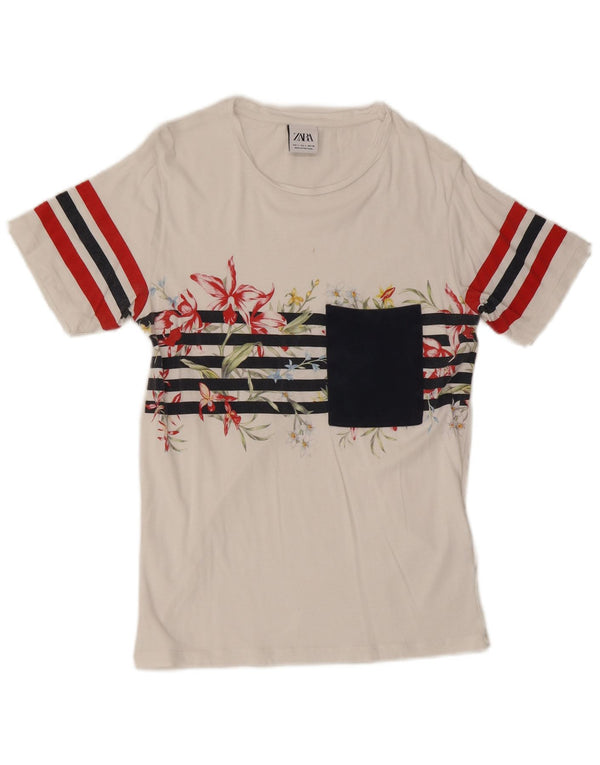 Zara Homme T-Shirt Top Petit Blanc Floral Coton