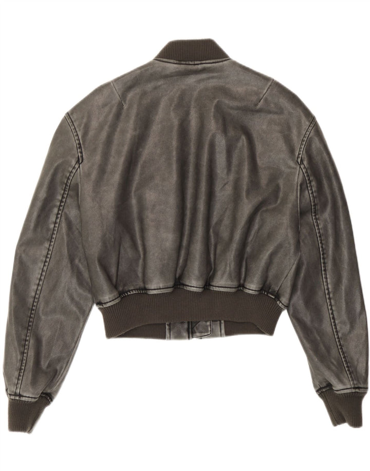Zara Veste bomber surdimensionnée en simili cuir pour femme UK 6 XS Gris Polyuréthane