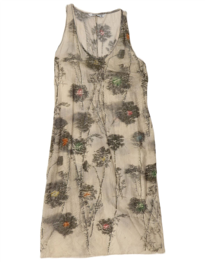 Zara Robe basique sans manches pour femme UK 12 en coton floral blanc cassé moyen