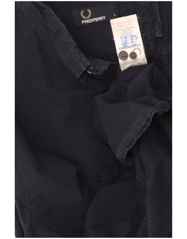 FRED PERRY Mens Shirt Large Navy Blue Gingham Cotton