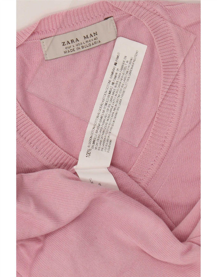 Zara Pull col V pour homme en coton rose Large