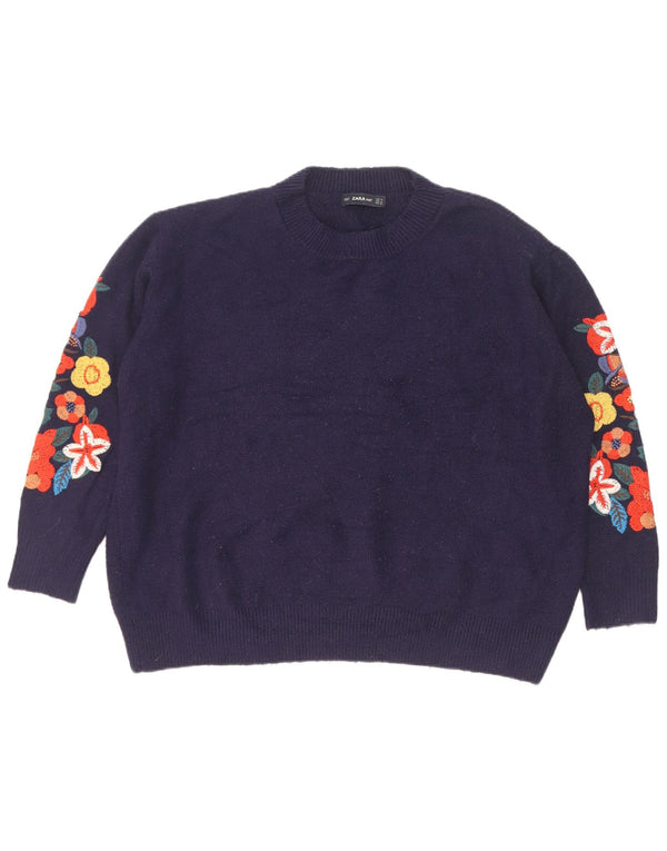Zara Pull ras du cou pour femme UK 14 Bleu marine moyen Floral