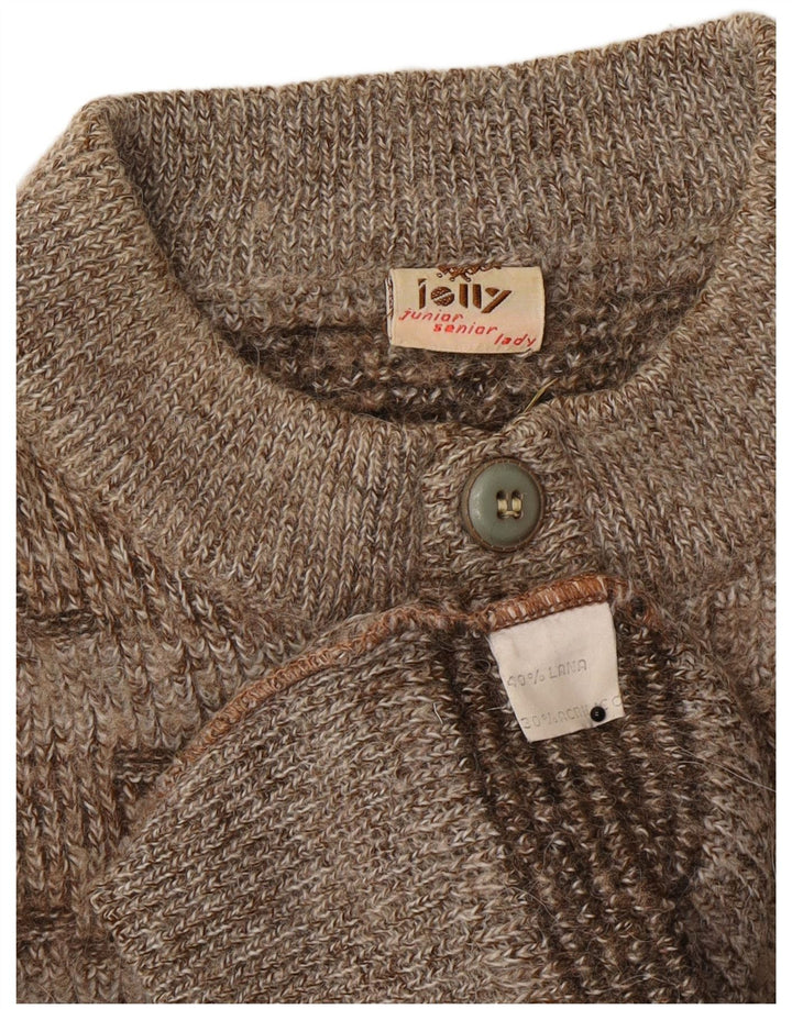 vintage Womens Button Neck Jumper Pull UK 16 Grande laine rayée brune
