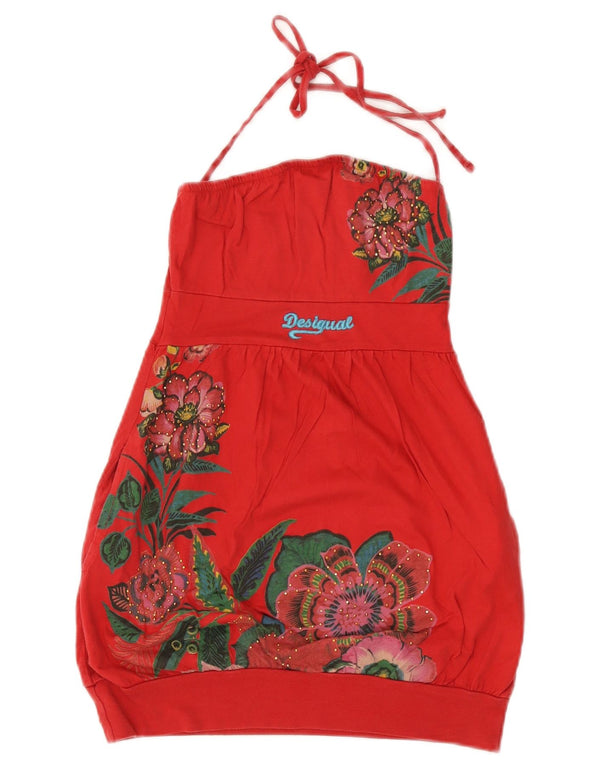 Desigual Femme Graphic Halter Top UK 4 XS Rouge Floral Coton