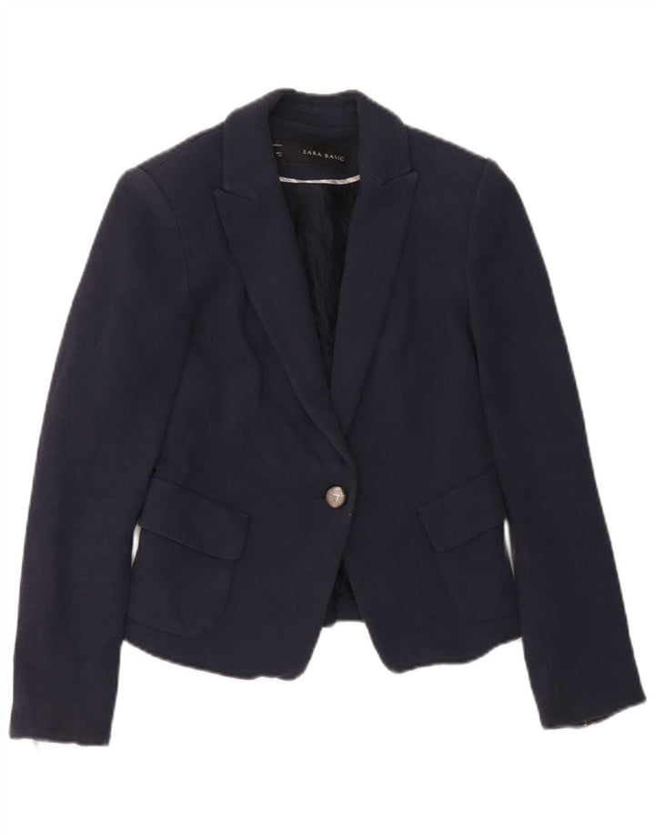 Zara Womens 1 Button Blazer Jacket UK 6 XS Bleu Marine Coton