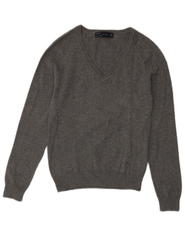 Zara Pull col en V pour femme UK 12 Gris moyen Coton