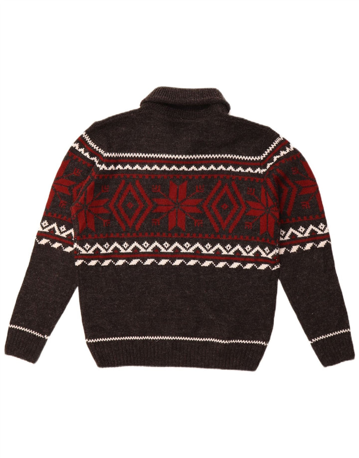 vintage Homme Col Châle Pull Pull Gris Moyen Fair Isle
