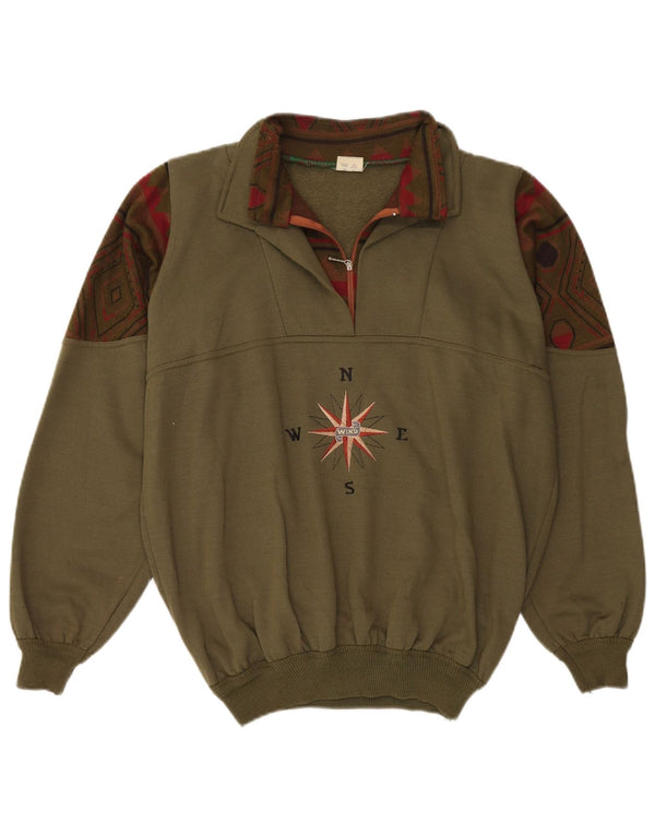 vintage Mens Graphic Zip Neck Sweatshirt Jumper Grand Kaki Géométrique